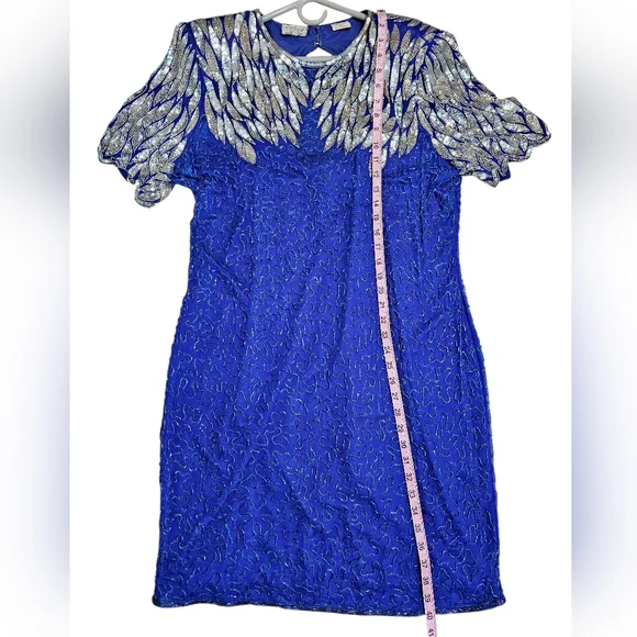 Vintage Stenay Beaded Evening Dress Large Blue Art Deco Silk Sequin 80s Luxury - Picture 5 of 6